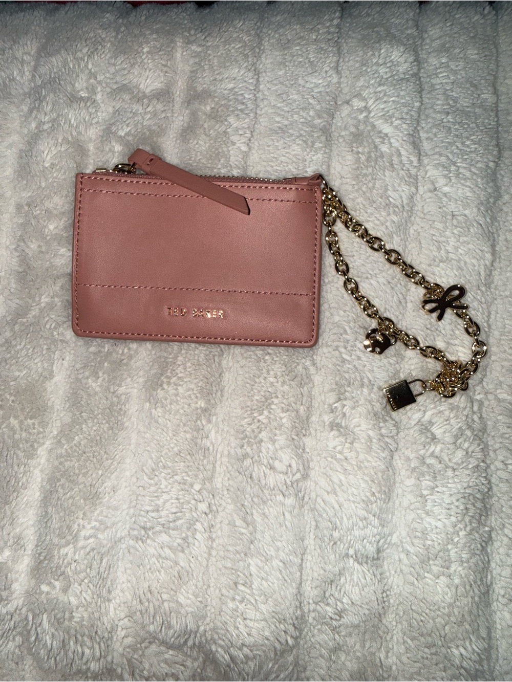 Ted Baker Rose Pink blush leather card holder with gold hardware chain wristlet